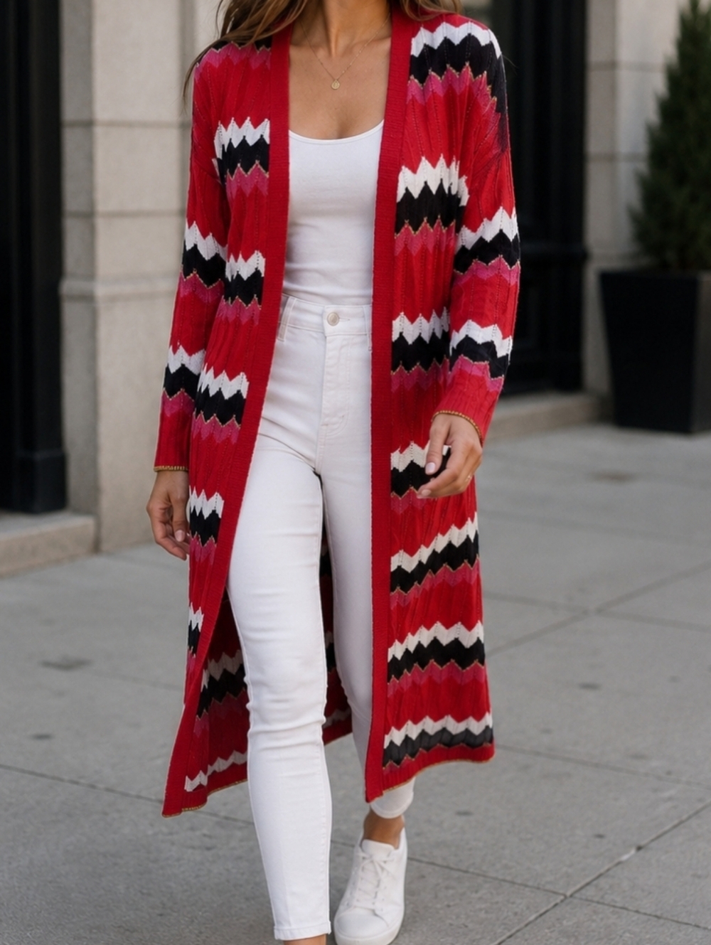 Cleo MBold Chevron Stripe Longline Cardigan Duster Sweater Coatigan Casual Chic